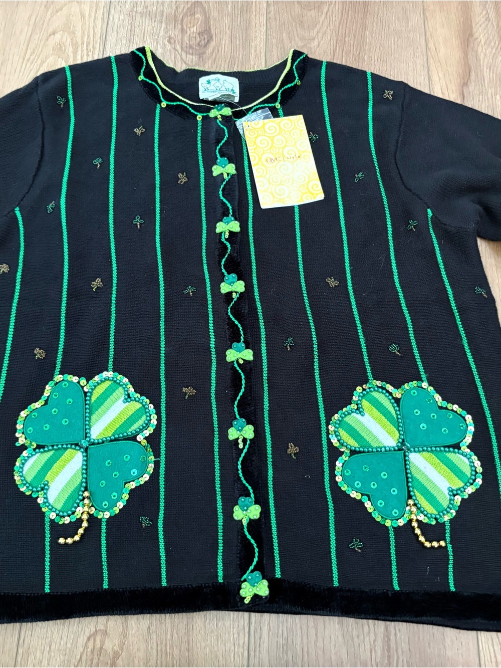 Quacker Factory Womens Sweater 1X Black Green Irish Lucky Clover Beaded NWT